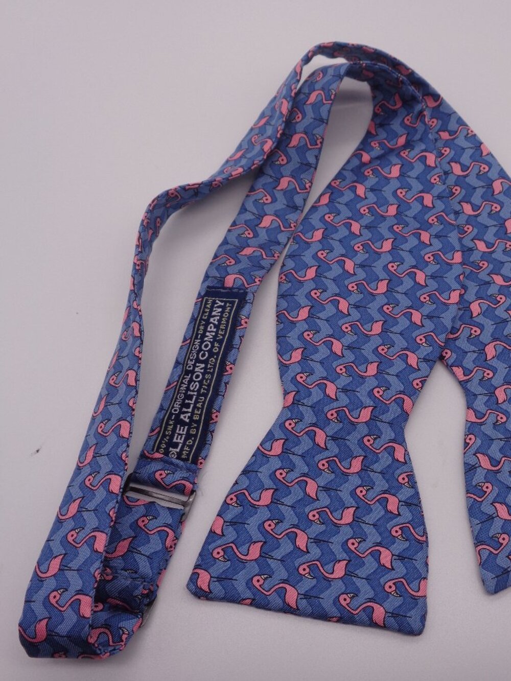 Lee Allison Blue Silk Pink Flamingo Bow Tie